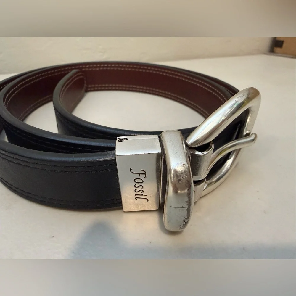 Fossil Men/Women Reversible Black Brown Leather Silver Metal Buckle 1